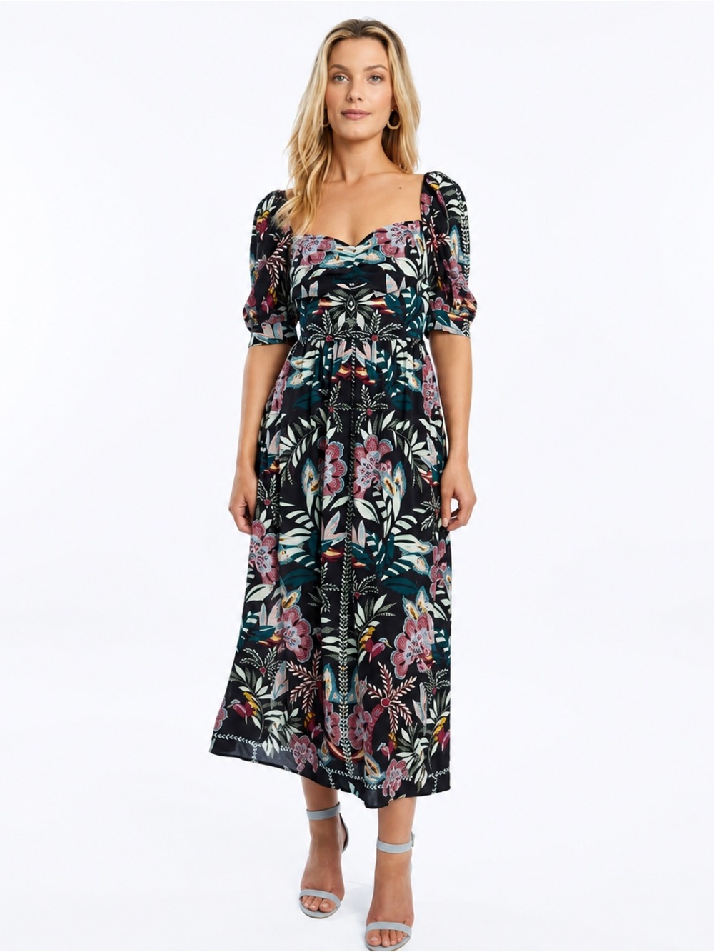 Caballero Aidette Dusk Maxi Dress Small Black Floral Puff Sleeve Boho Resort